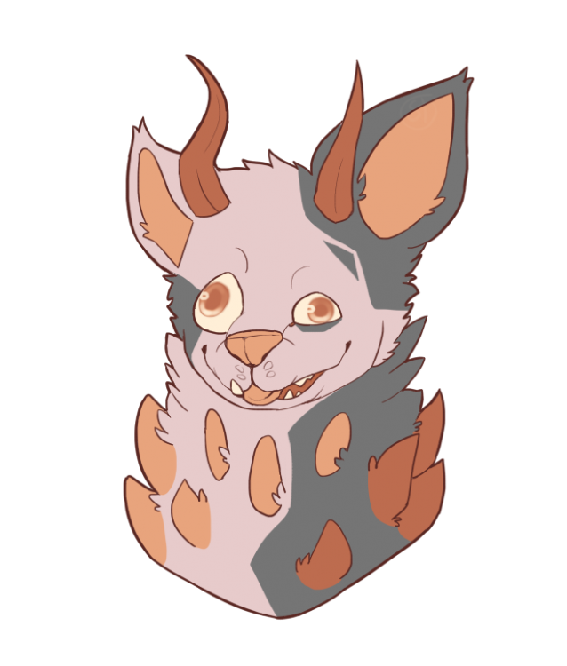 a heckin' derp snouter with orange savannah horns and light orange gems, heat body, nose, inner ear. orange eyes. they bleping with their tongue out.